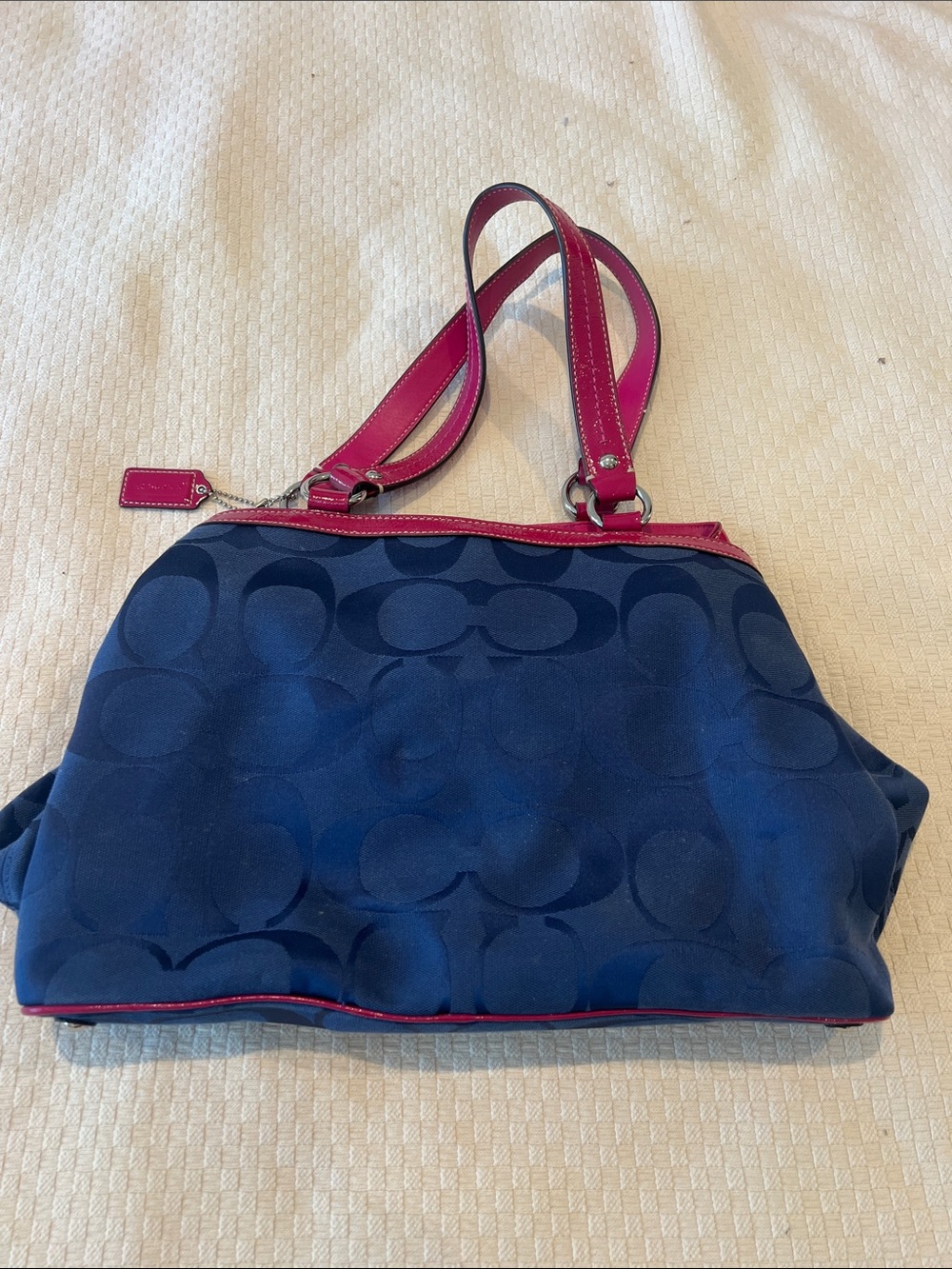 Coach Navy Signature Shoulder Bag with Pink Trim